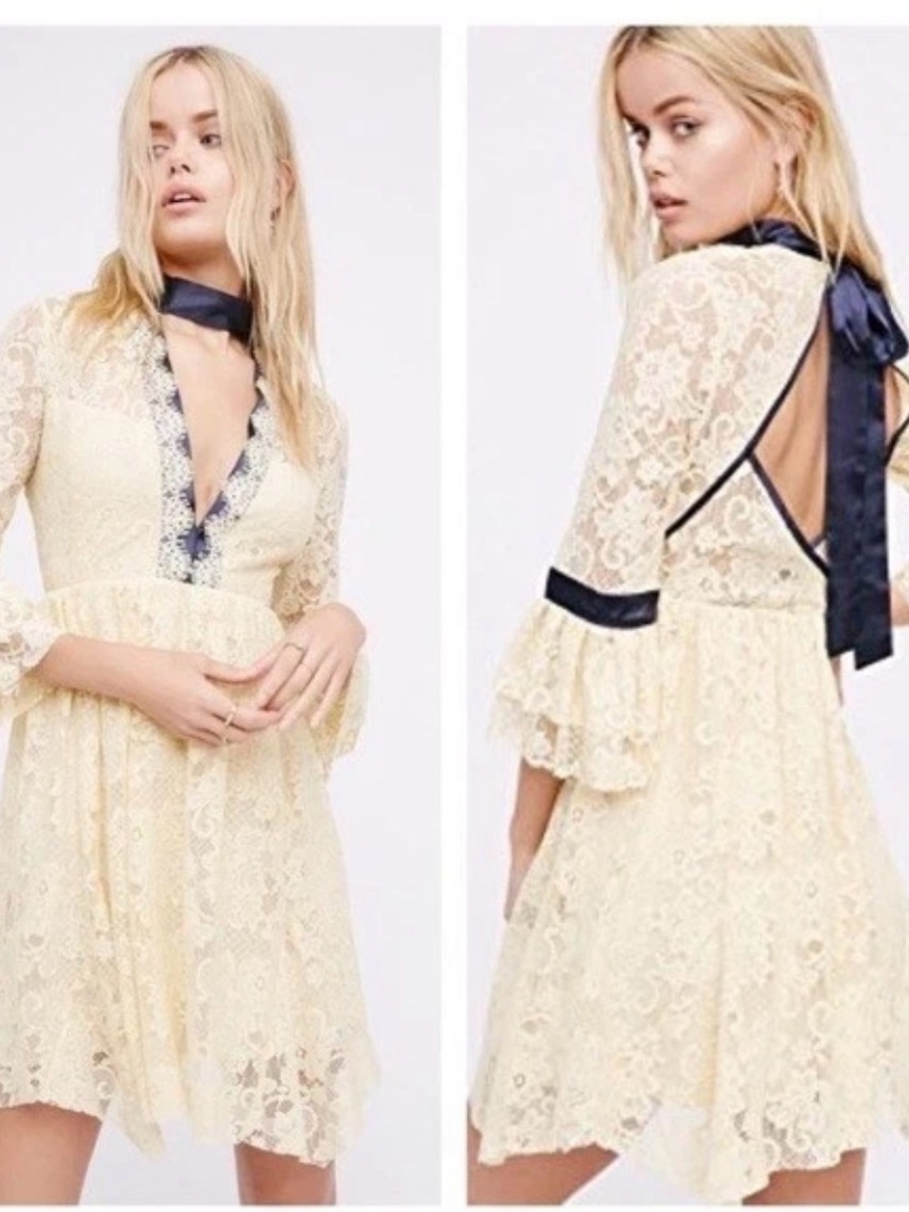 Free People Cream Gilded Lace Bell Sleeve Mini Dress